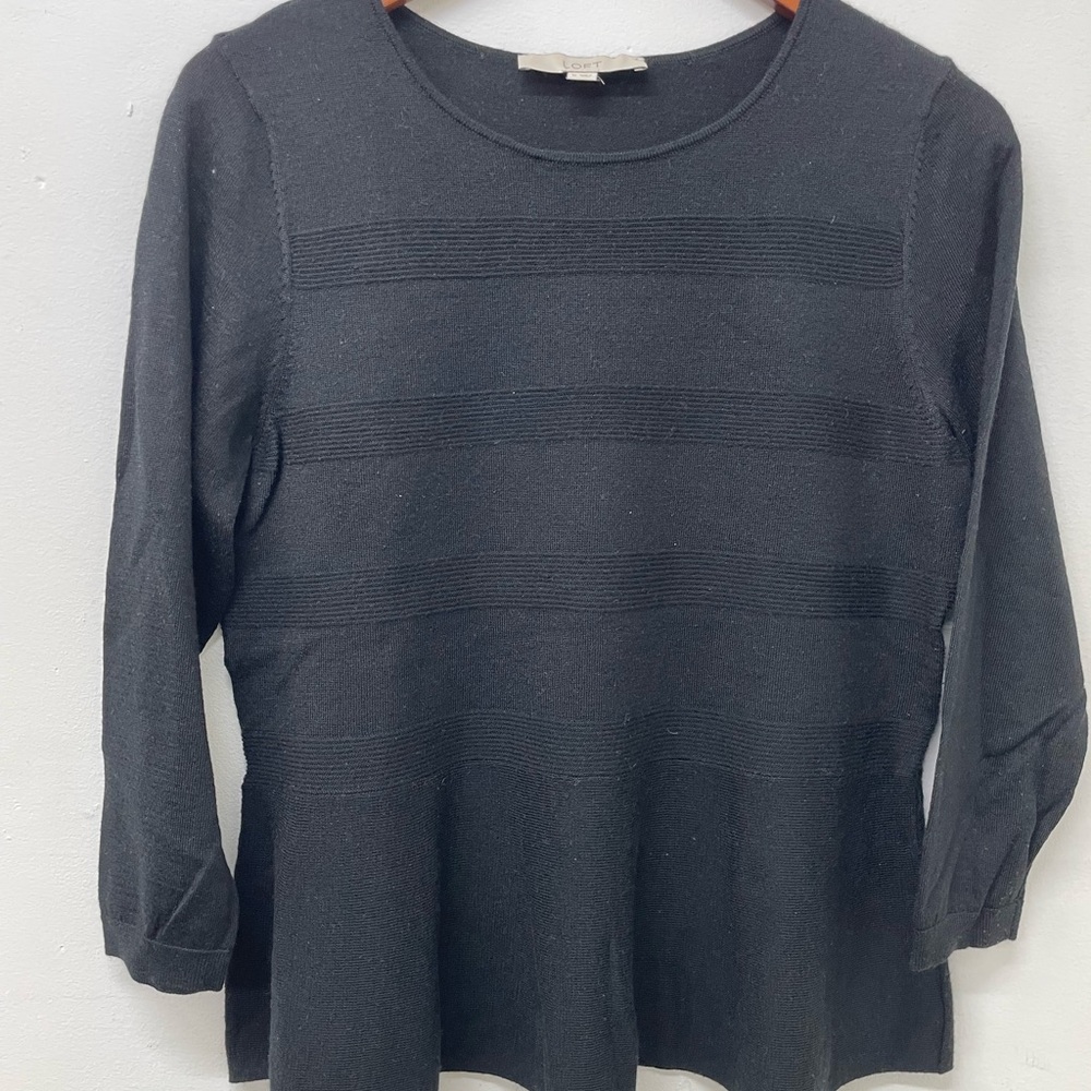 Black Loft Knit Sweater Textured Stripes Flared Peplum Waist Size M Long Sleeve